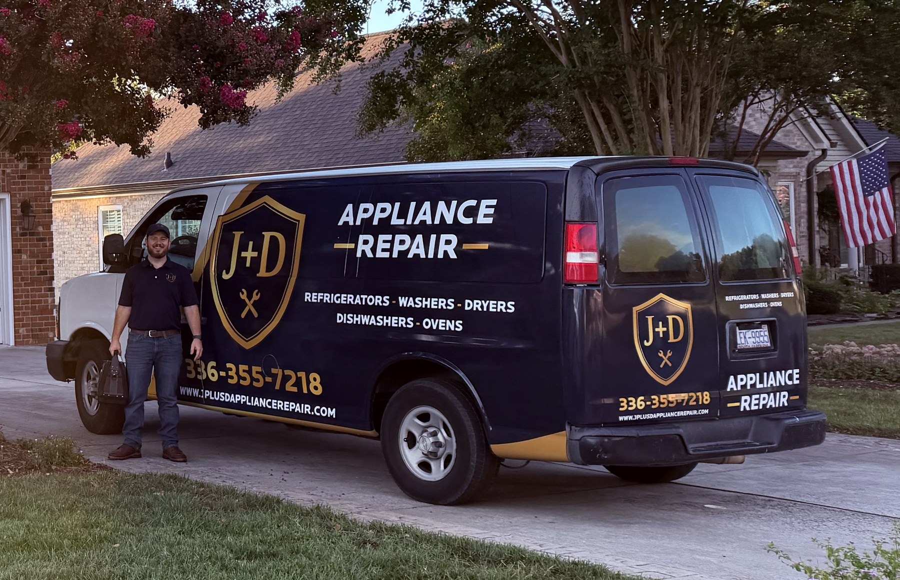 J + D Appliance Repair service van and technician at a home in Greensboro, NC