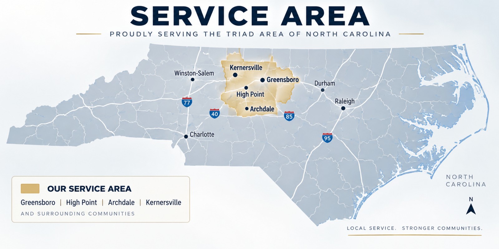 Map of J + D Appliance Repair's Piedmont Triad service area, highlighting Greensboro, High Point, Archdale, and Kernersville