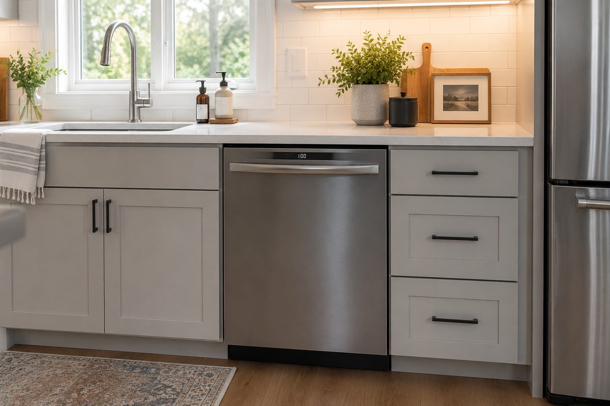 Built-in stainless steel dishwasher in a home kitchen
