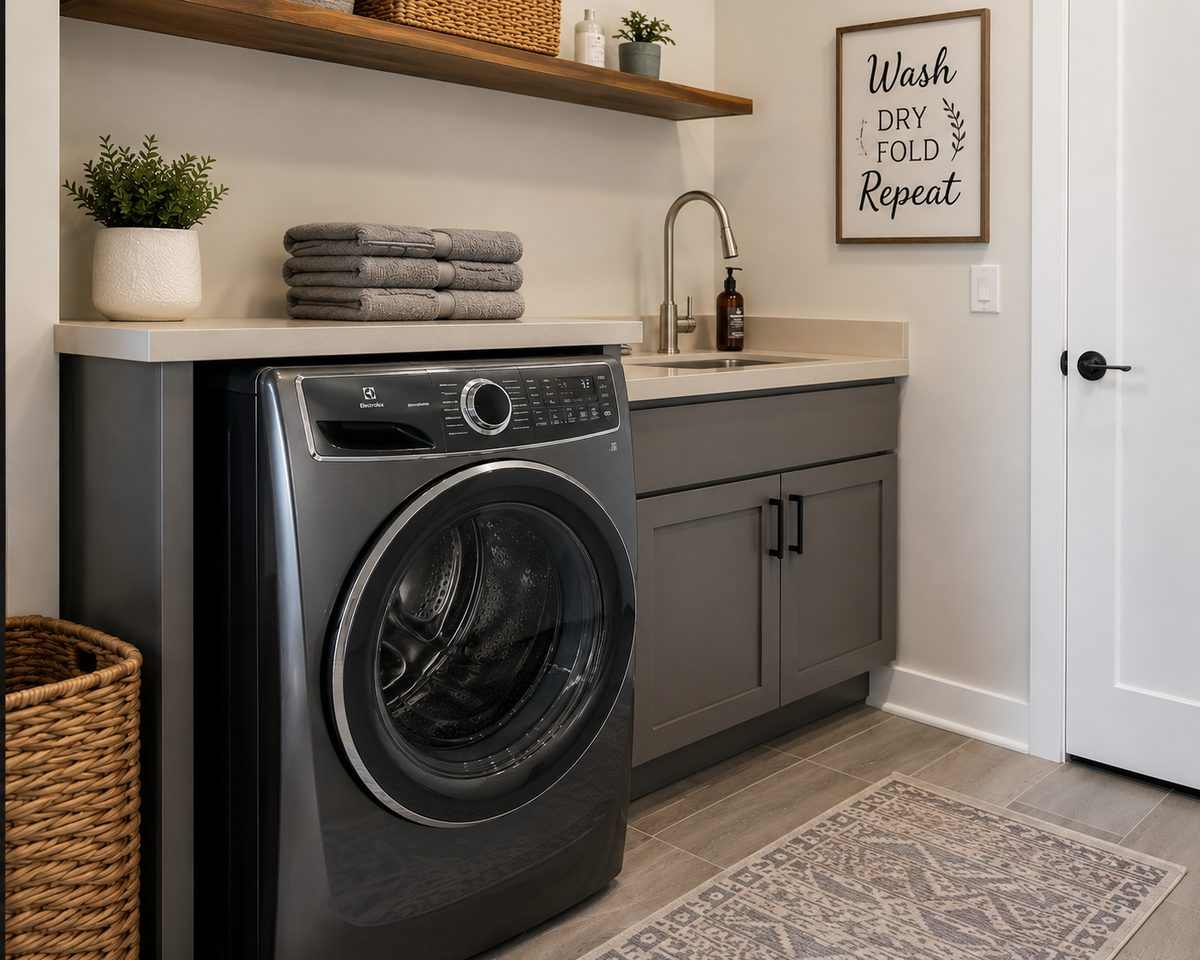 Front-load clothes dryer in a home laundry room