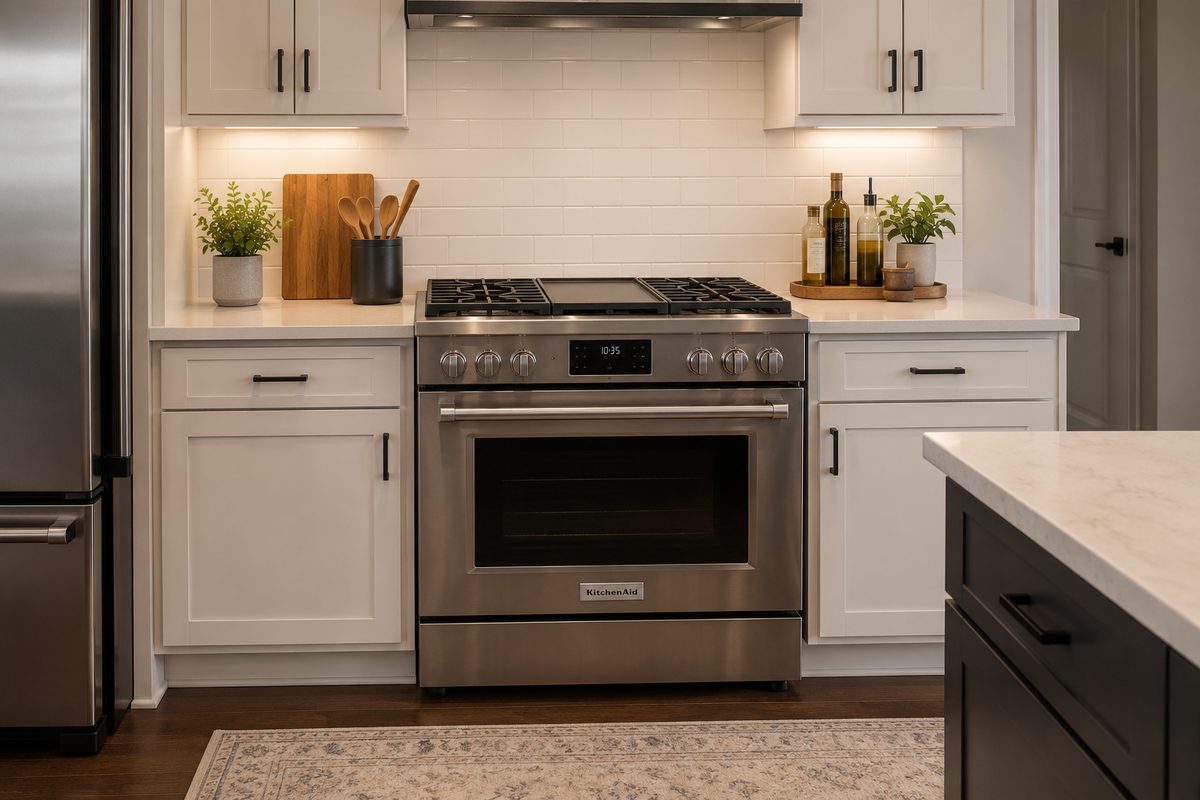 Stainless steel gas range and oven in a home kitchen