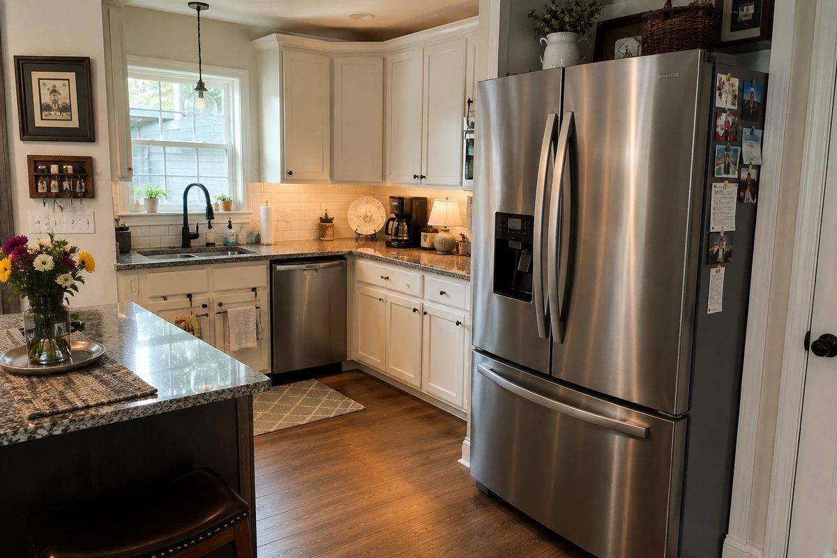 Stainless steel refrigerator in a home kitchen