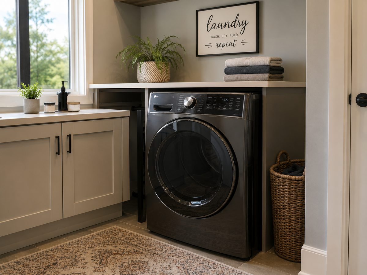 Front-load washing machine in a home laundry room